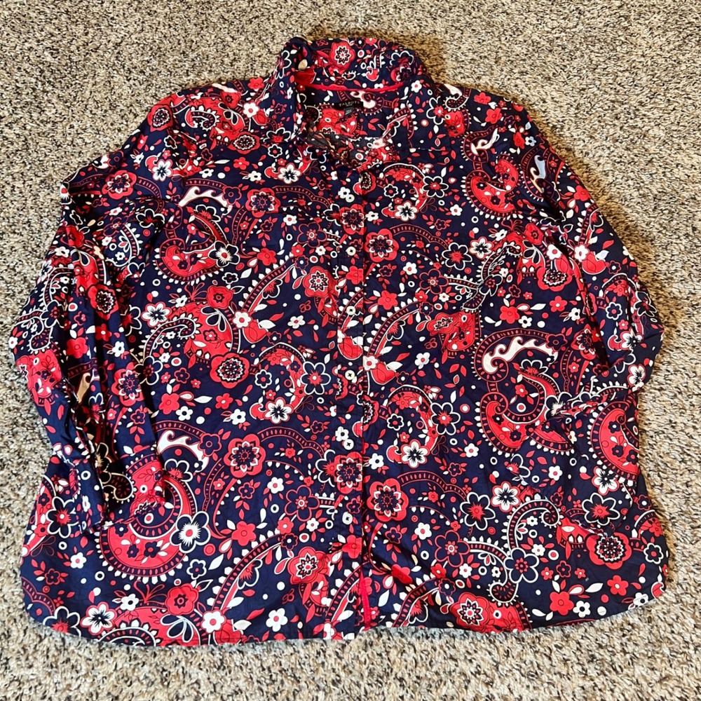 Talbots Petite Paisley Print Button Up Shirt Navy Red White XL Petite